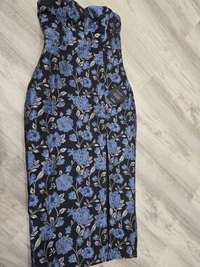 Lulu's Black Dress with Blue Floral Jacquard and Silver Leaves